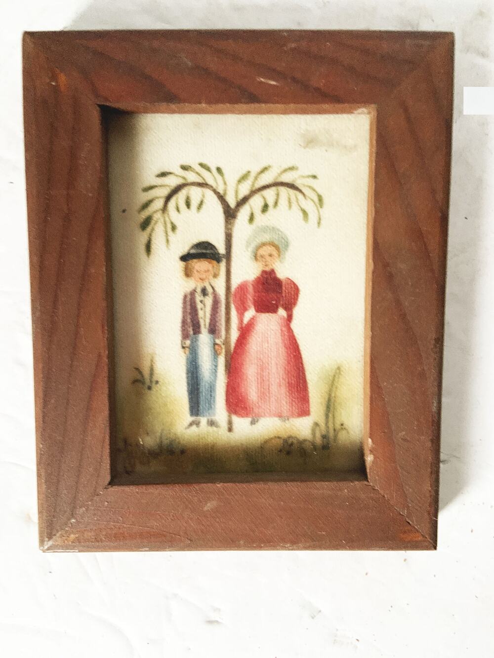 Vintage Miniature Folk Art Man Woman Tree Wood Frame 5" x 4"
